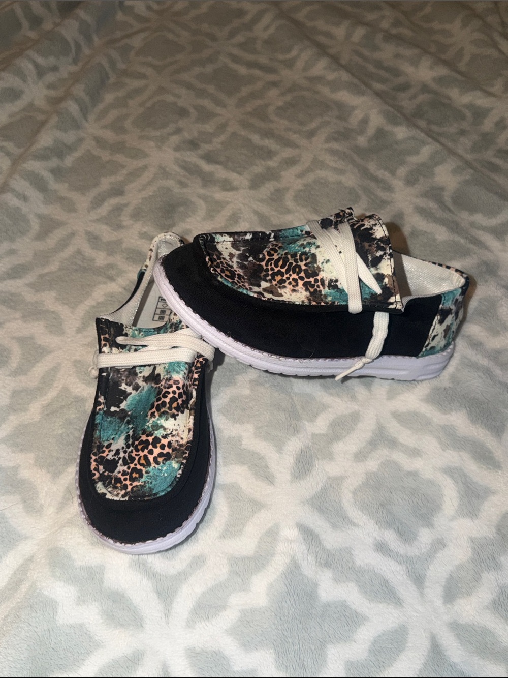 Women's Black and Teal Leopard-Accent Slip-On Sneakers